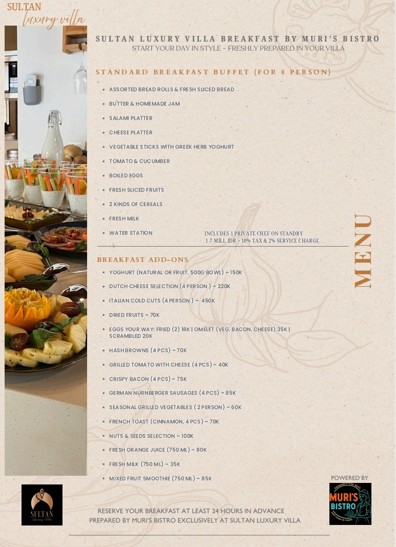 Sultan Villa breakfast menu by Muri's Bistro