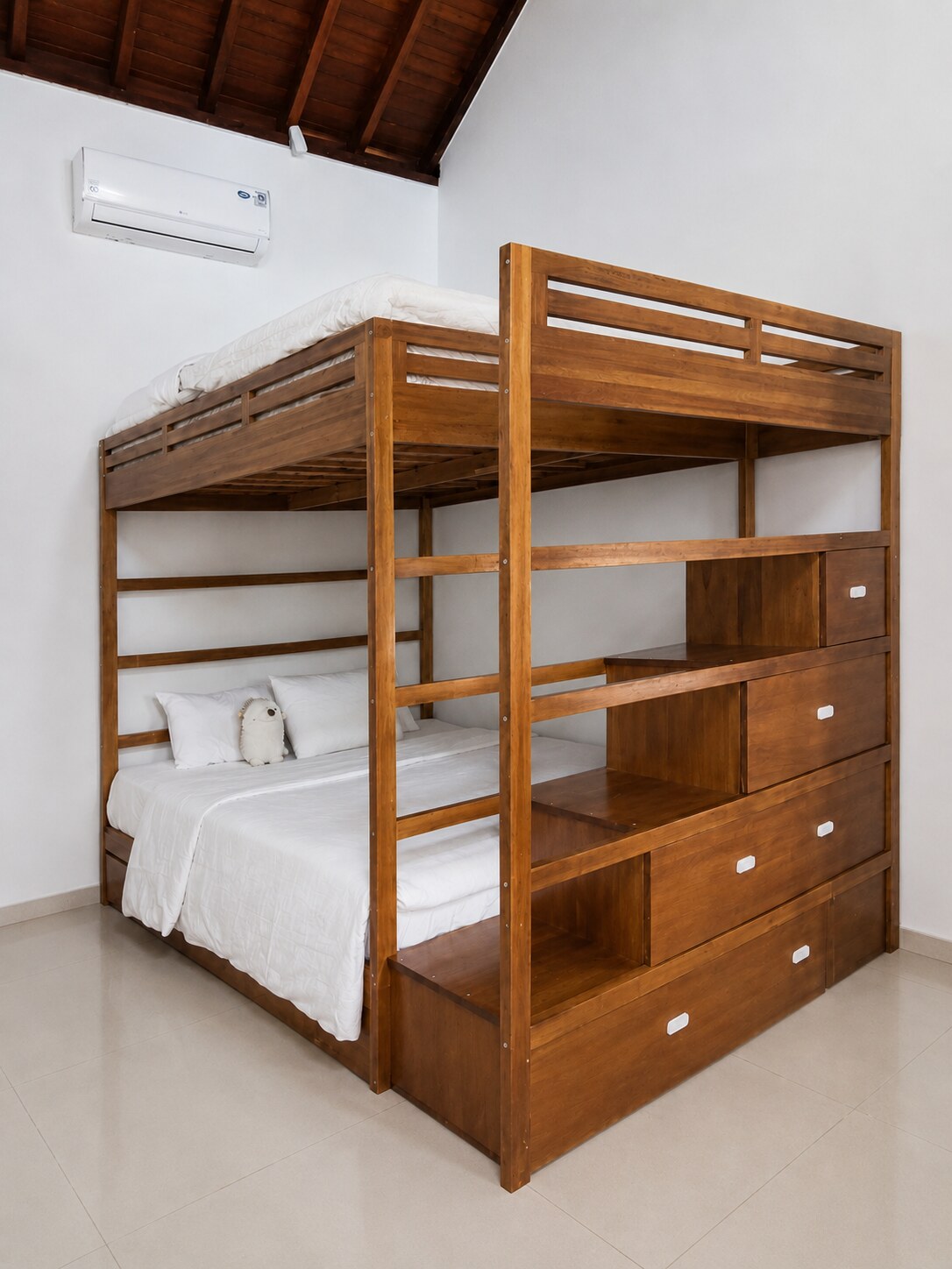 King-size bunk bed with built-in storage drawers in the office room